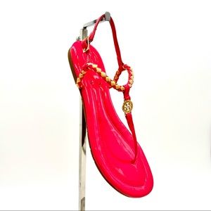 Tory Burch Pink Braided T-Strap Sandals Size 8 Gold Monogram Hardware